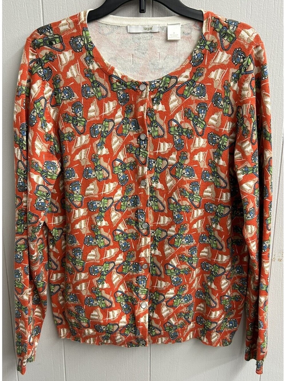 LizGolf by Liz Claiborne Women’s Orange Cardigan Sweater Golf Print Size M. EUC